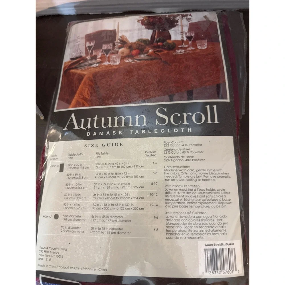 Town & Country Living Autumn Scroll Damask Tablecloth Wine 60x104 Oblong NEW